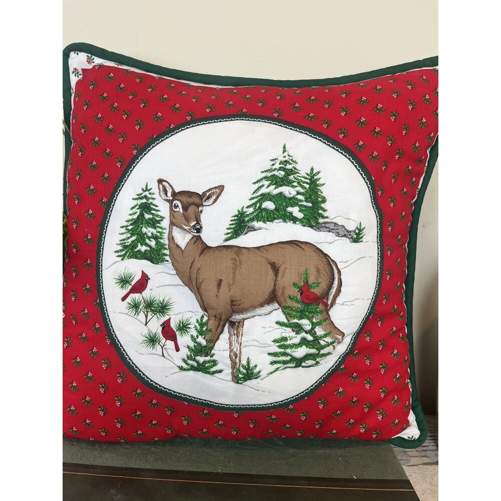 Vintage 1970’s Farmhouse Hand Sewn Christmas Pillow Deer & Cardinals In Snow 15”